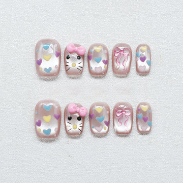 Sweetheart Kitty—Handmade Press On Nails Cute Short Design