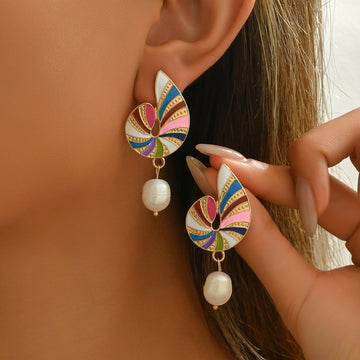 Colorful Enamel Seashell & Pearl Earrings Elegant Ocean-Inspired Studs