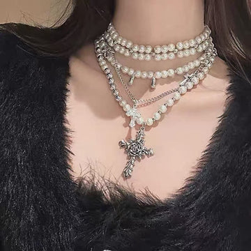 Cross Rose Necklace Female Pearl Multi-layer Stacking Wearing Niche Sweater Chain Retro Cool Neck Chain