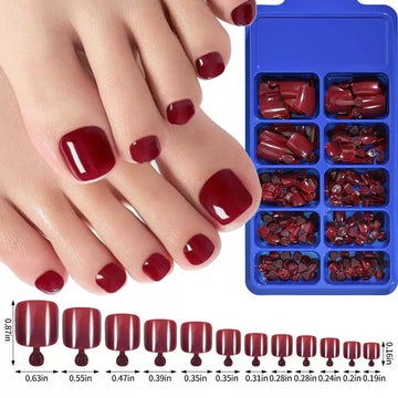100pcs Boxed Press-On Toe Nails – Wine Red Solid Color