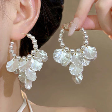French Vintage Pearl Petal Tassel Hoop Earrings