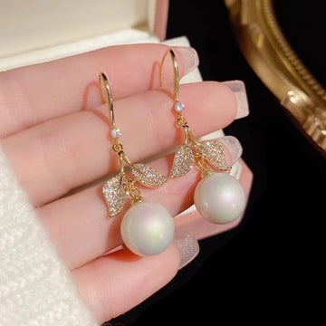 S925 Silver Needle Leaf & Pearl Earrings Elegant Full Rhinestone Design
