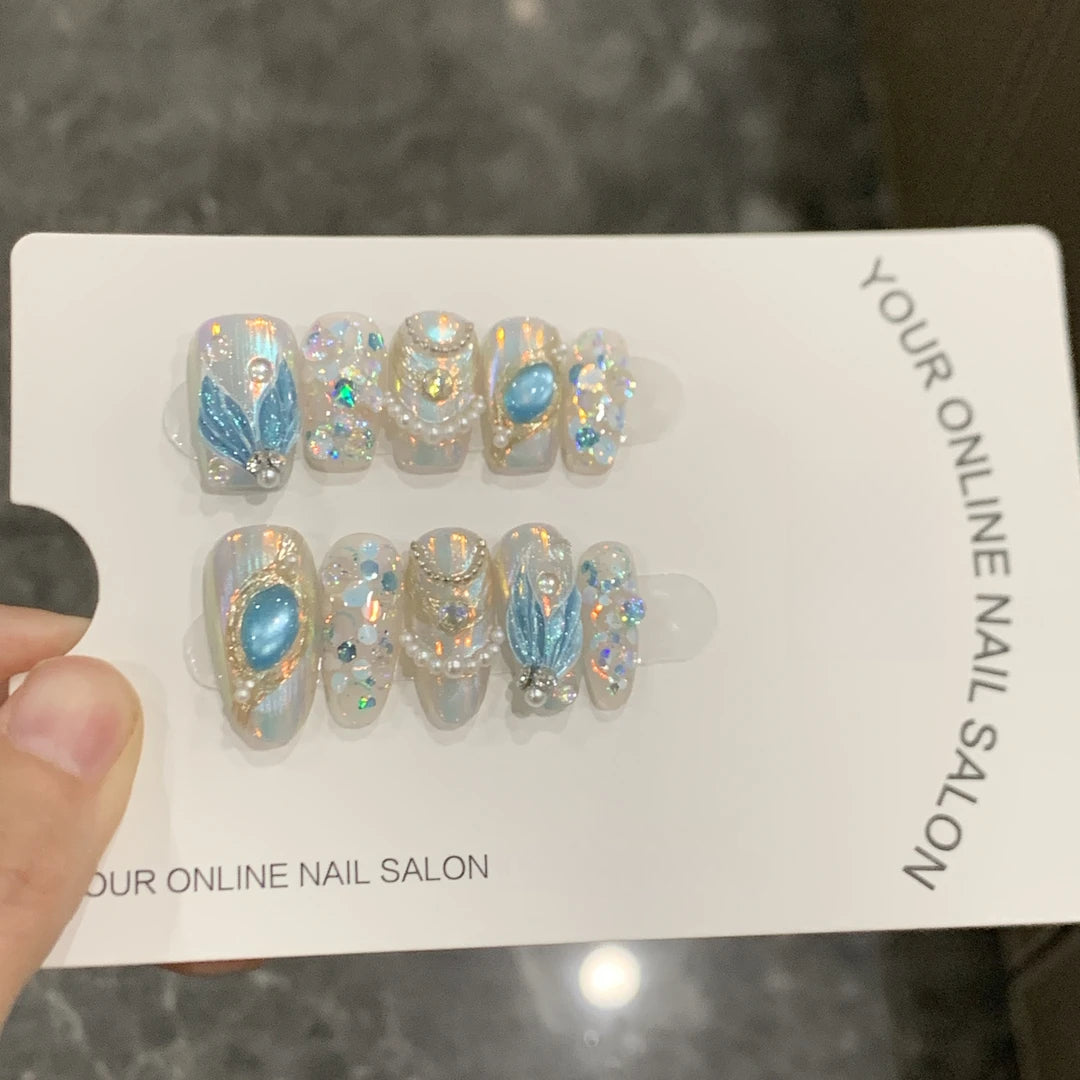 Ocean Diva-Handmade Press-On Nails Mermaid Carved Blue Fantasy Design