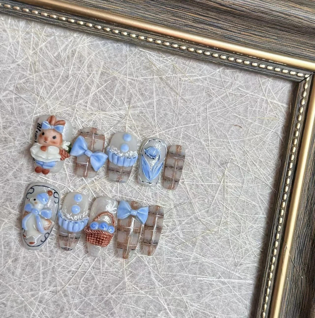 Spring Hopping Miss—Handmade Luxury Press On Nails Hand-Painted & 3D Bunny Design