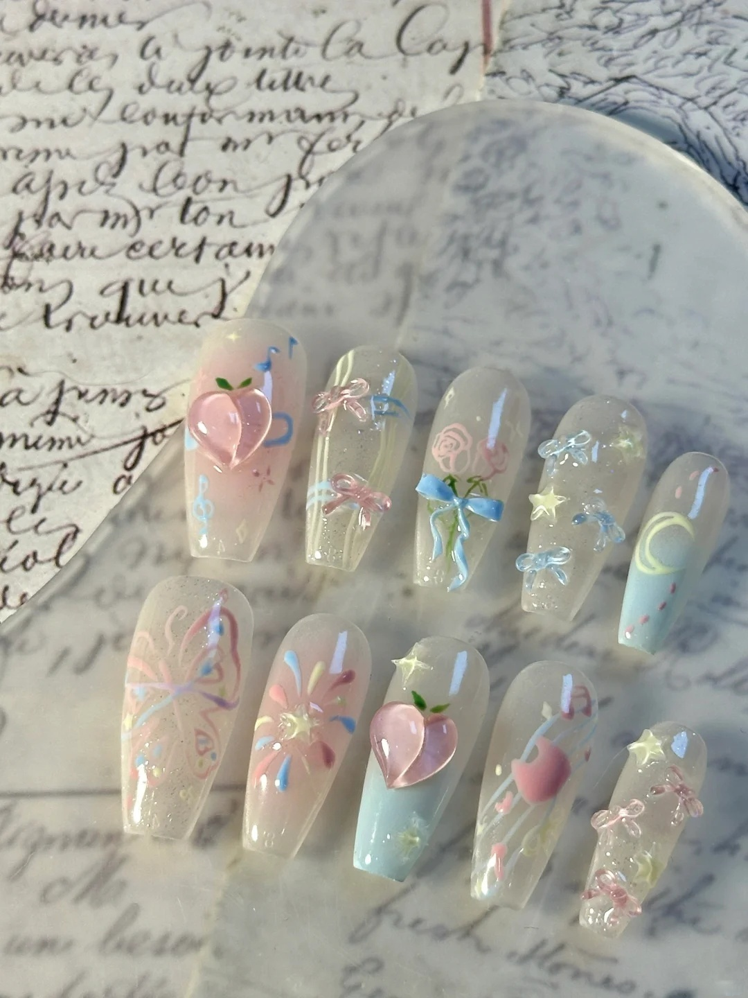 Hand-painted summer peach custom press-on nails(custom shape)