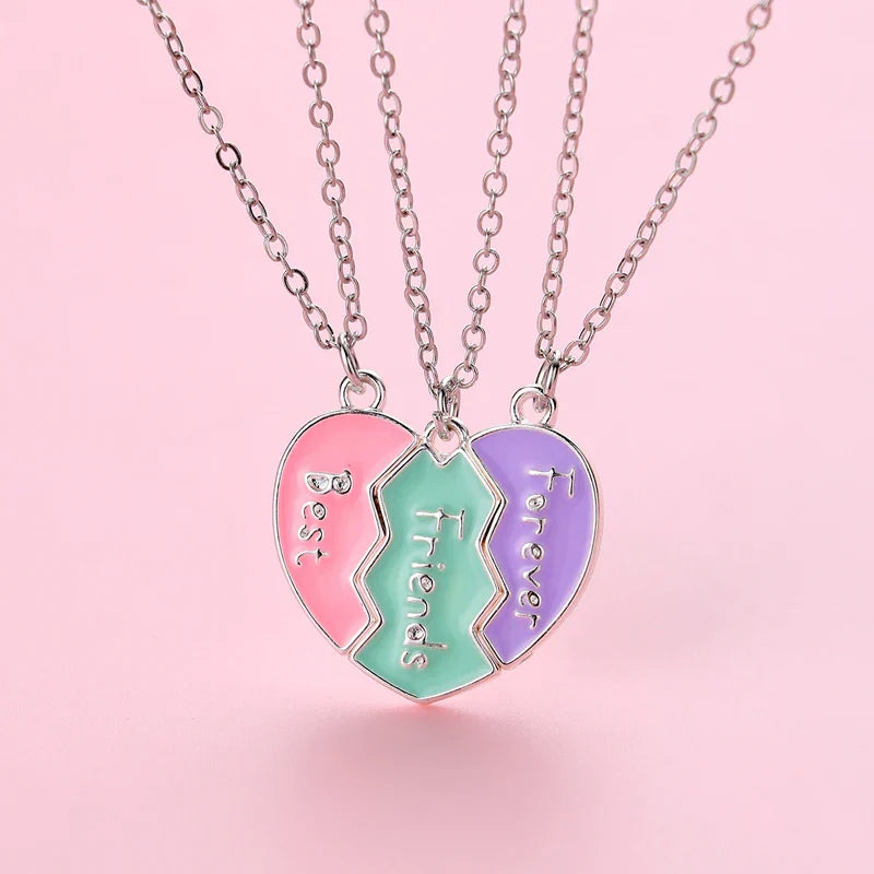 3Pcs/Set 3-Color Heart Magnetic BFF Necklace for Girls