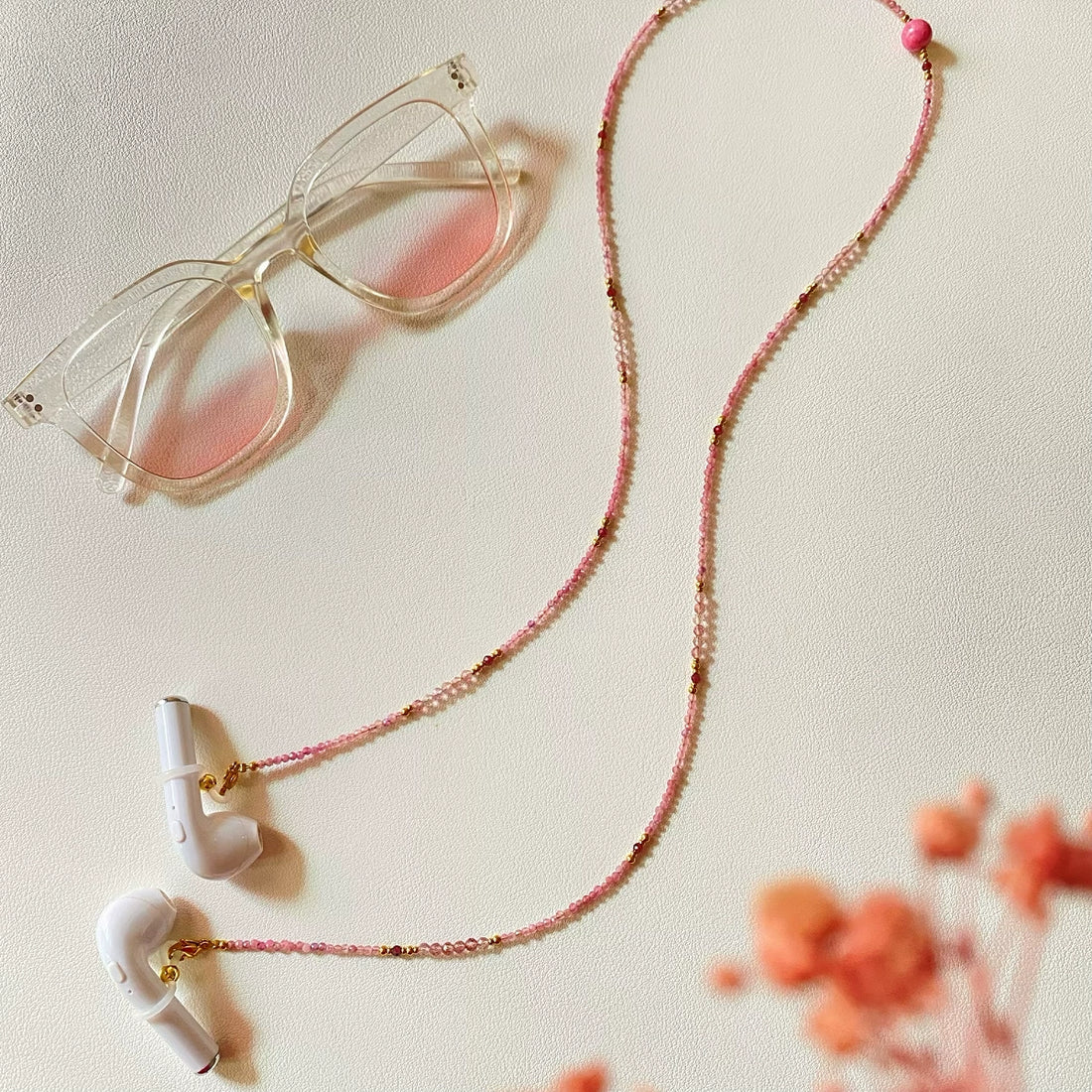 Natural Gradient Pink Tourmaline Glasses Chain – 3-in-1 Necklace & Earphone Holder