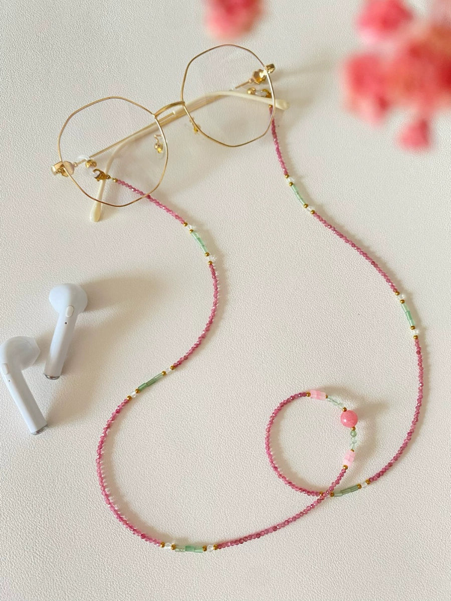 Natural Pink Tourmaline Beaded Glasses Chain, Necklace & Earphone Holder