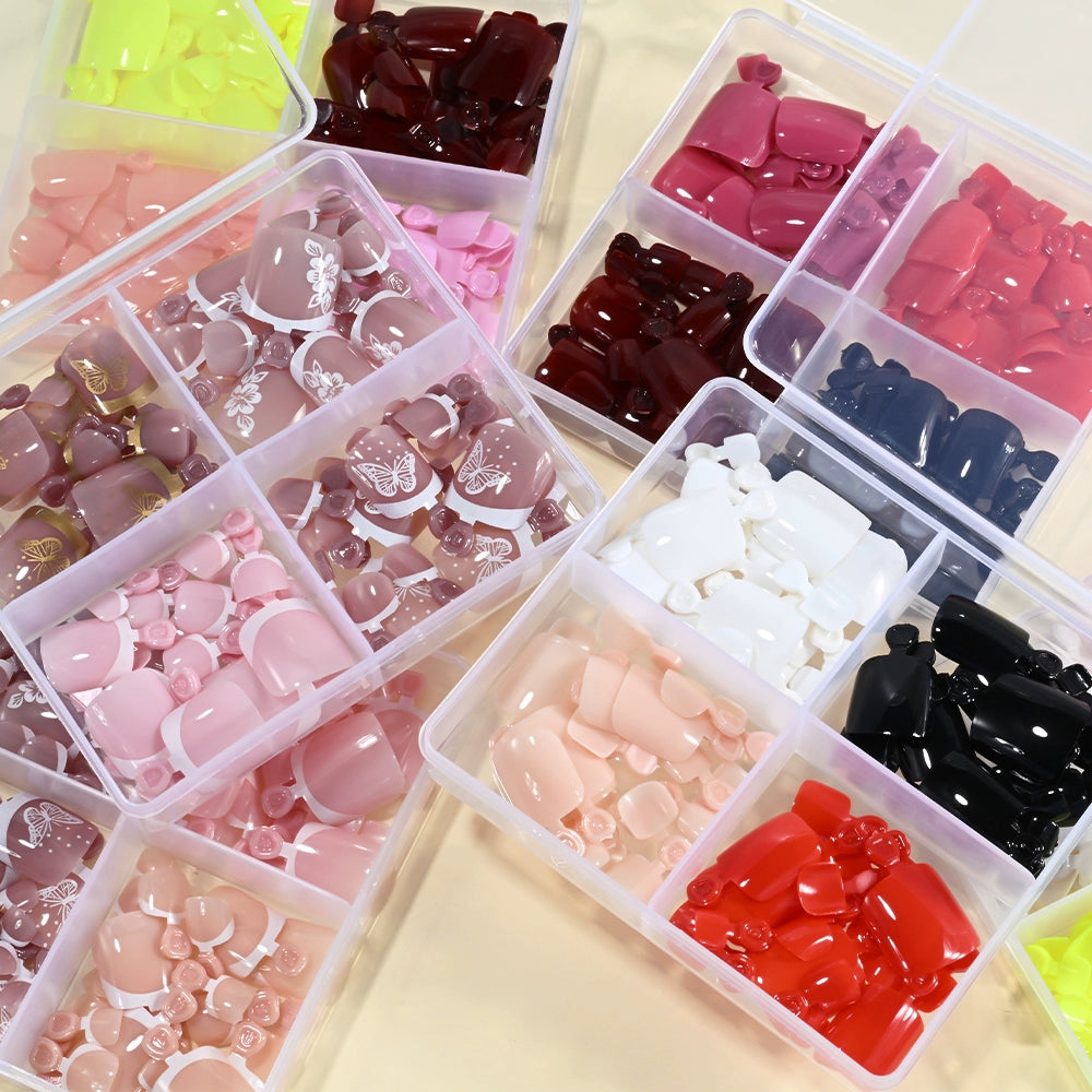96pcs Boxed Press-On Toe Nails – White & Nude Solid Colors