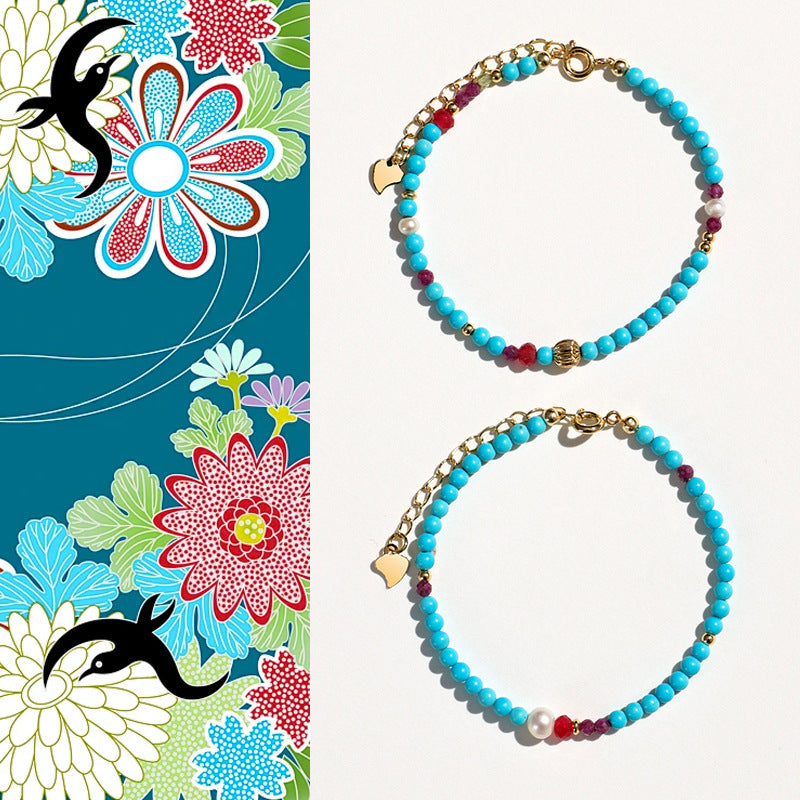 Natural Freshwater Pearl, Turquoise & Ruby Beaded Bracelet for Women