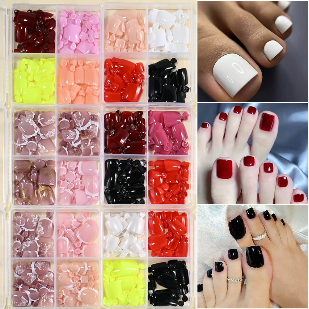 96pcs Boxed Press-On Toe Nails – White & Nude Solid Colors