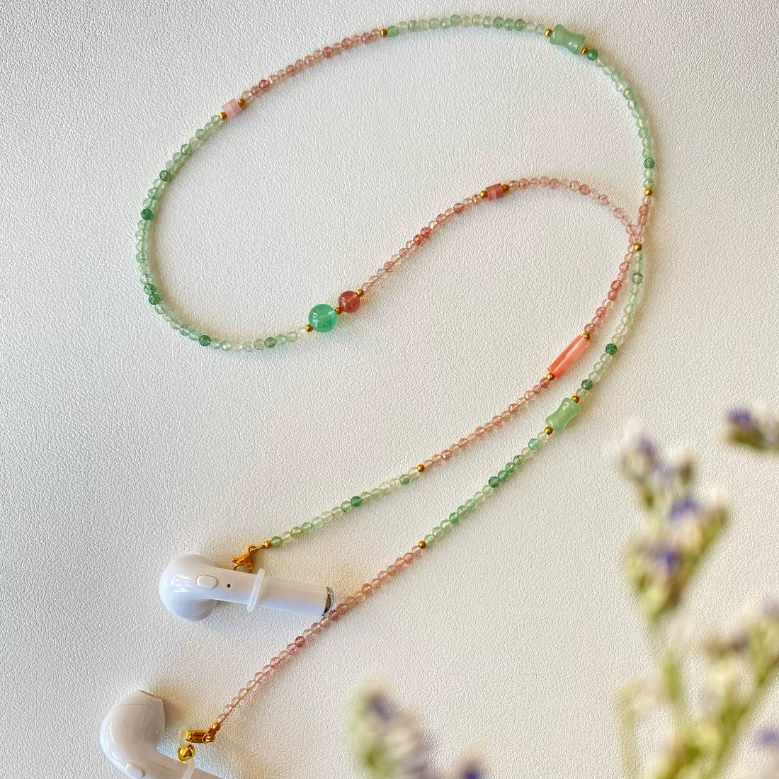Natural Pink Strawberry Quartz Glasses Chain, Necklace & Earphone Holder