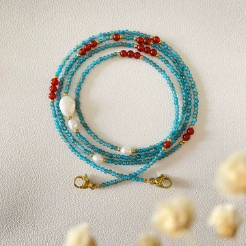 Natural Blue Apatite Glasses Chain – 3-in-1 Necklace & Headphone Holder with Pearl Accents
