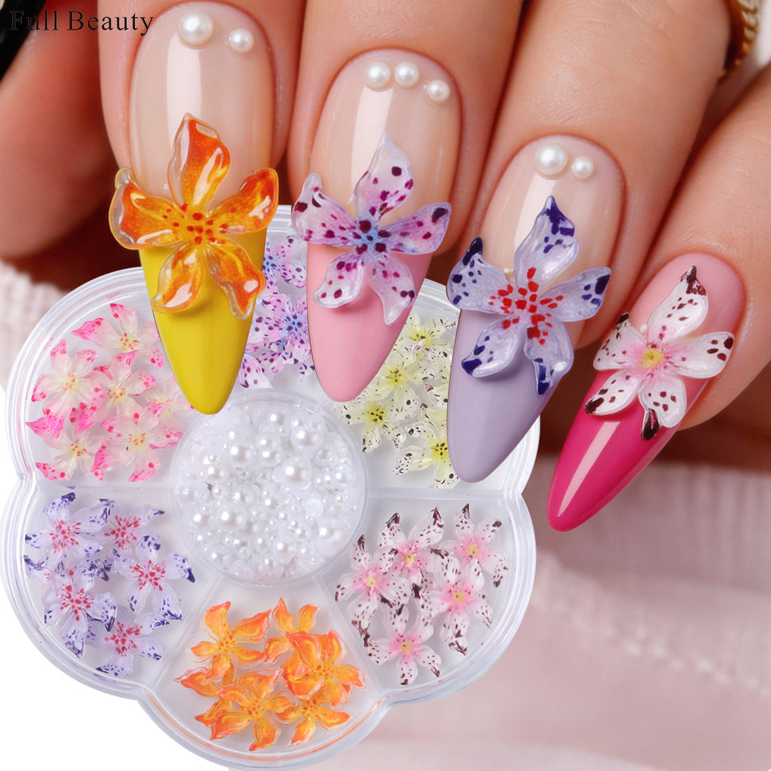 3D Aurora Flower Nail Charms Set – Lily, Sunflower & Pearl Mixed Nail Art Decorations