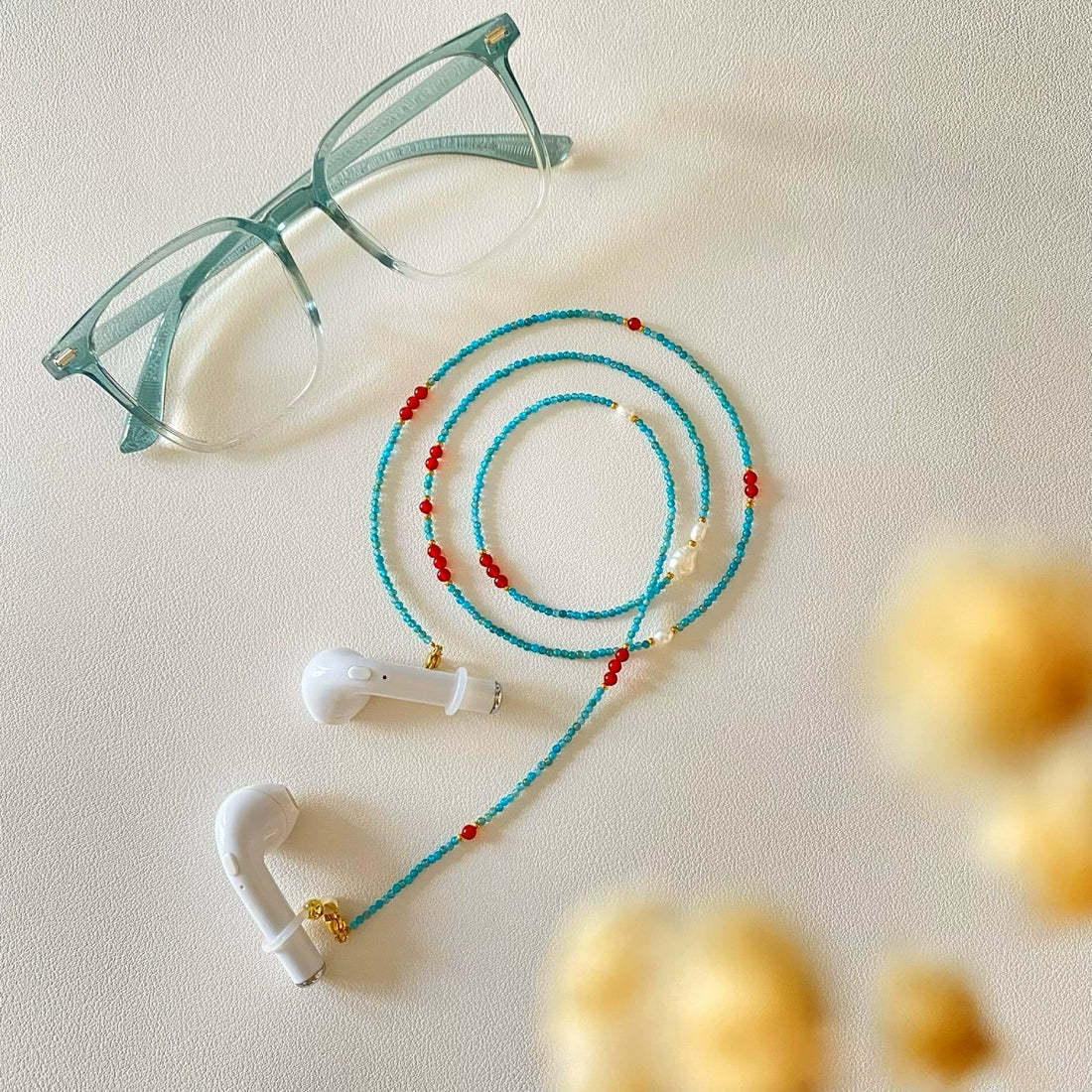 Natural Blue Apatite Glasses Chain – 3-in-1 Necklace & Headphone Holder with Pearl Accents