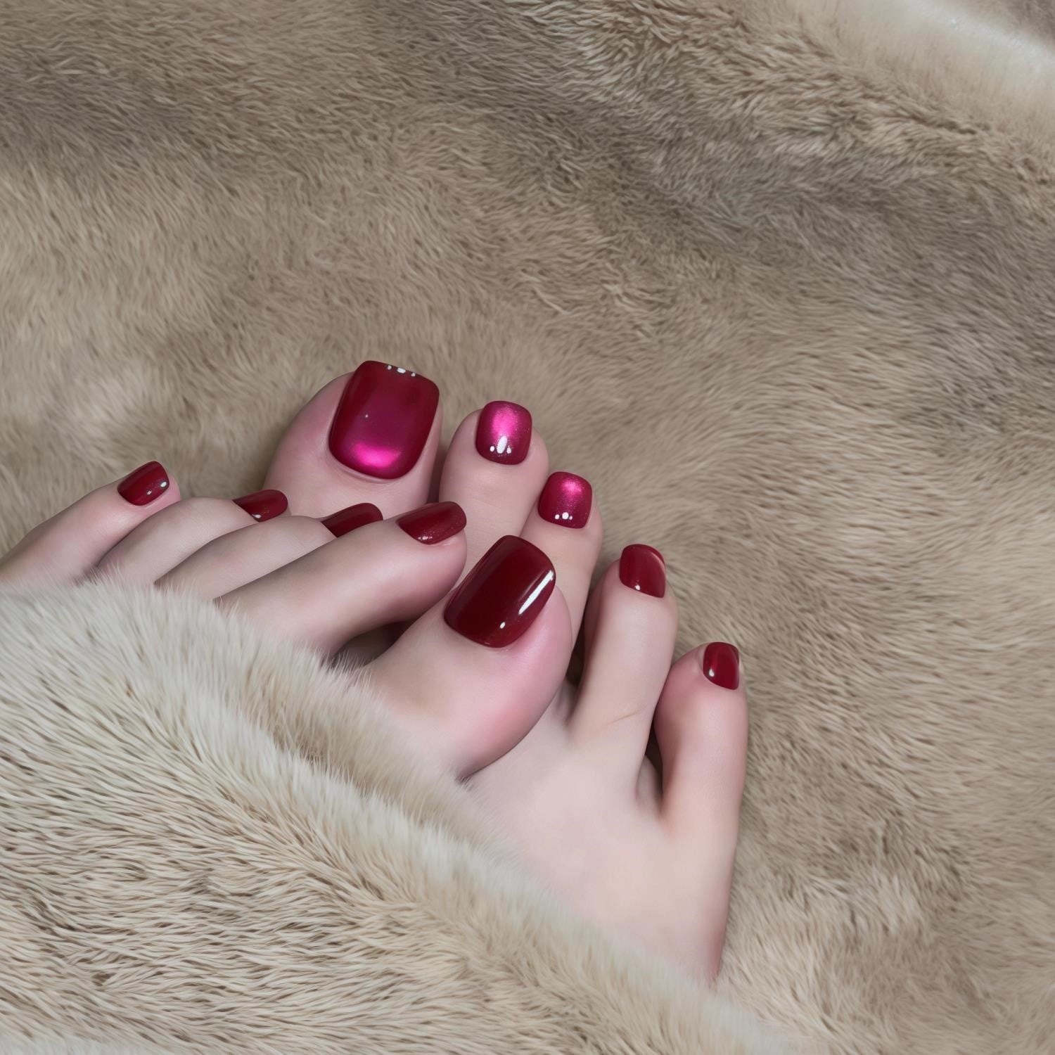 Handmade Press-On Toenails – Dragon Fruit Cat Eye in Berry Red