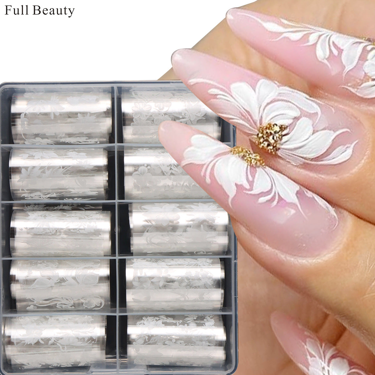 White Floral Sky Nail Transfer Foils – 10-Style Set