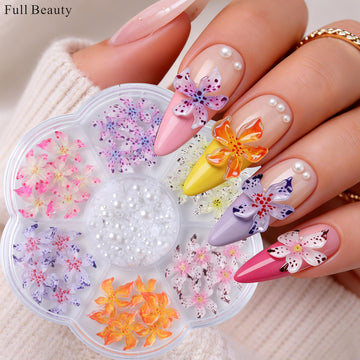 3D Aurora Flower Nail Charms Set – Lily, Sunflower & Pearl Mixed Nail Art Decorations