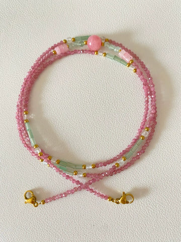Natural Pink Tourmaline Beaded Glasses Chain, Necklace & Earphone Holder