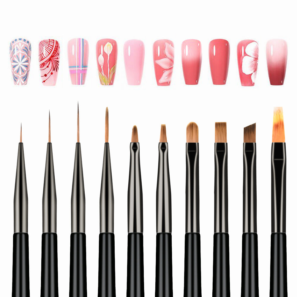 10-Piece Black Handle Nail Art Brush Set – Slim Waist Design
