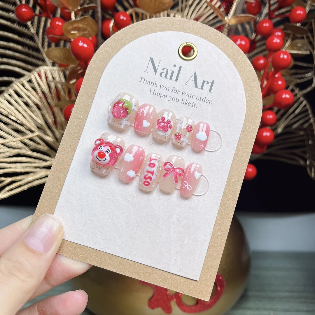Strawberry Bear - 2025 Trendy Press-On Nails | Handmade Summer Nail Art