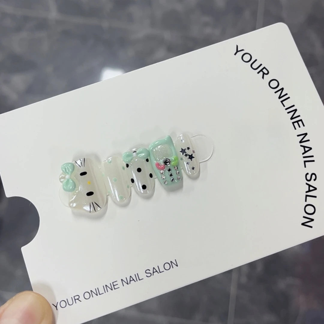 Y2K Millennium KT Cat Hand-Painted Carved Floral Press-On Nails – Summer 2025 Trendy Collection