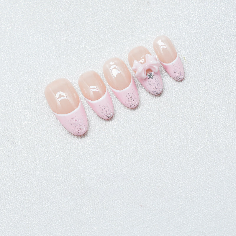 Princess Diary—Handmade Press On Nails Sweet Color-Block Design with Bows & Cat-Eye Shine