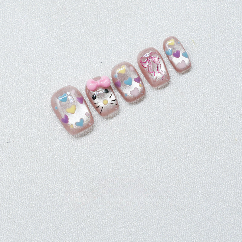 Sweetheart Kitty—Handmade Press On Nails Cute Short Design